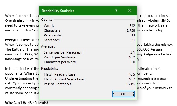 Microsoft Readability Stats