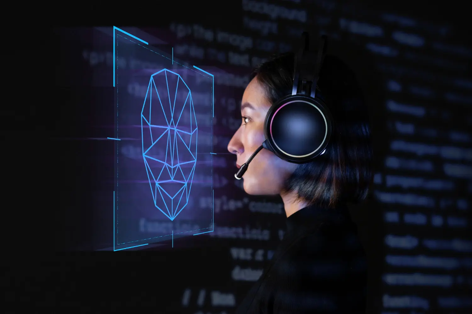 a woman facing an ai image for ai technology consulting