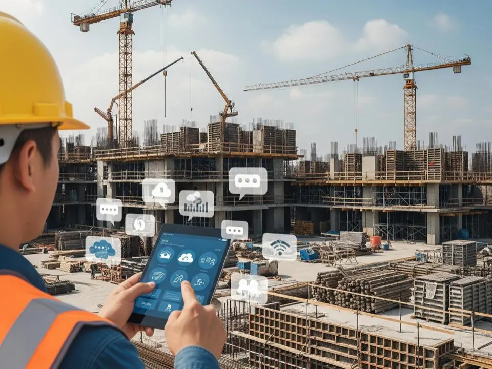 A man wearing safety helmet and vest holding a tab configuring IT solutions for construction in Seattle