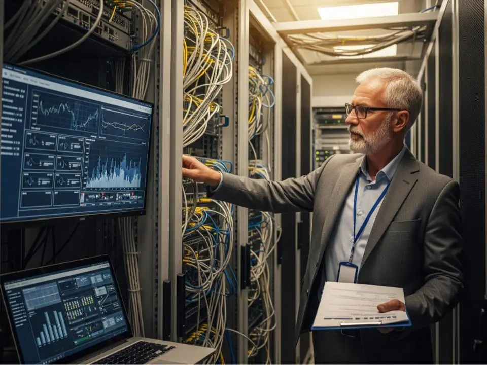 An IT expert checking the cable and wiring and describing what is it audit