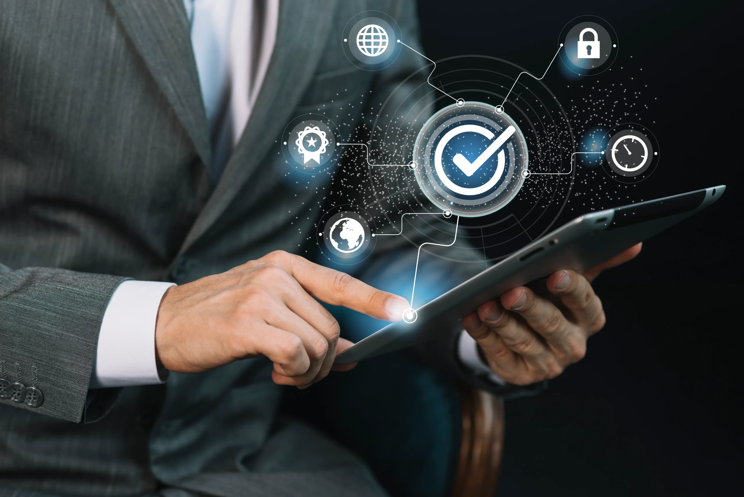A businessman holding a tablet checking on what is a zero trust for replacement in anti virus
