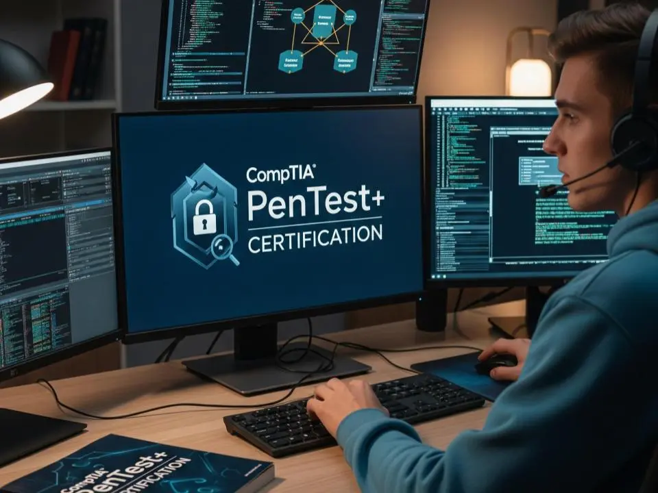 A certified CompTIA Pentest man working on his desktop computer