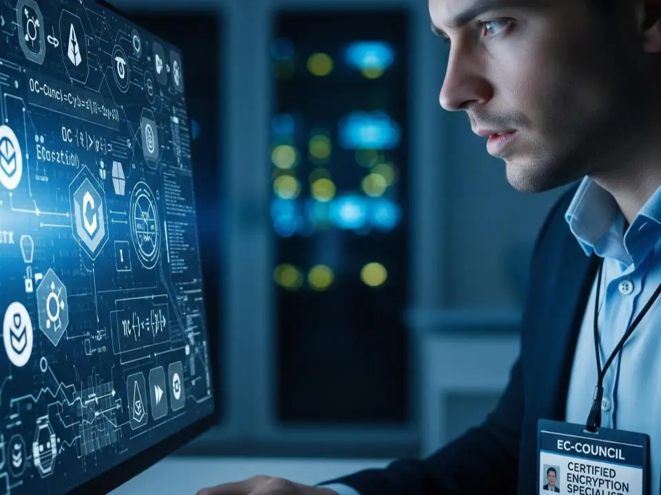 A certified encryption specialist man working on his computer