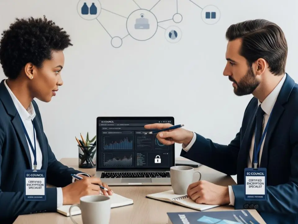 A man and a woman wearing a suit talking each other are both certified encryption specialist