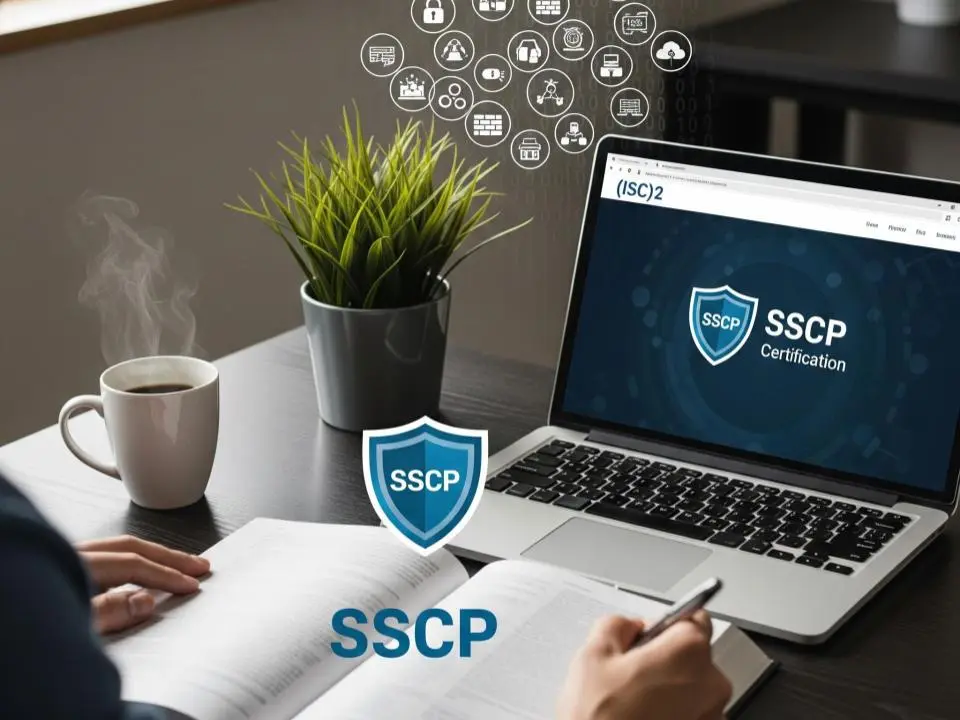 A man holding a pen with a hot coffee and a laptop with SSCP logo on a table