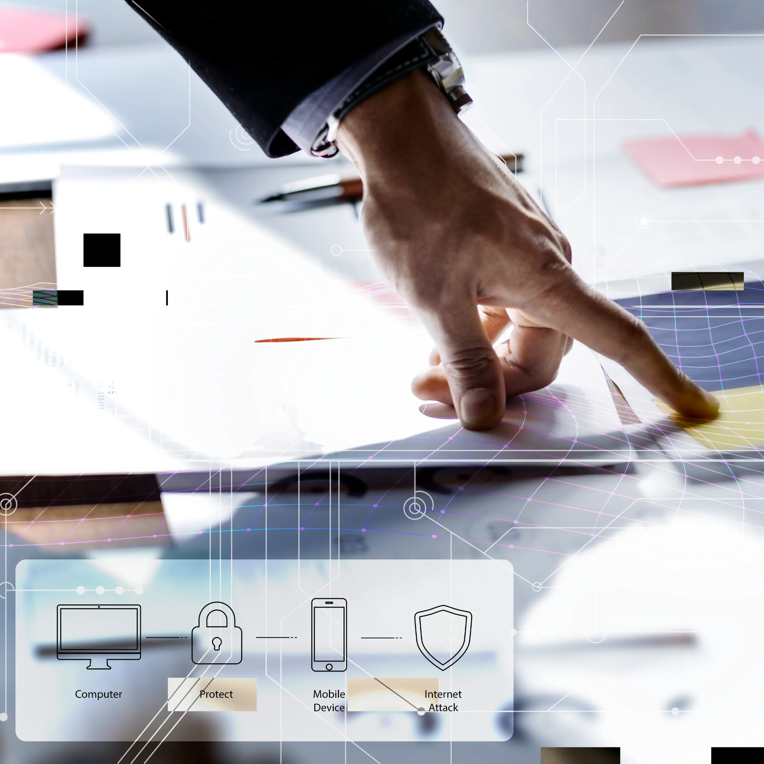 A man pointing on digital security background of nist 800-171 compliance