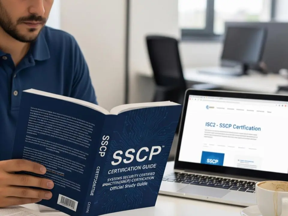 A man reading on SSCP guide certification
