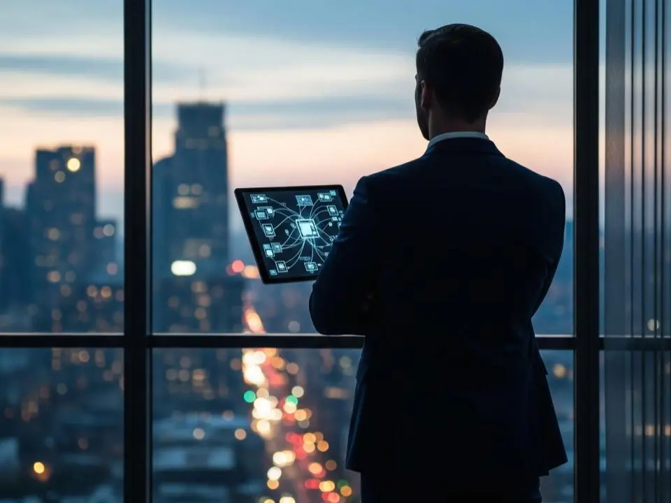 A vCISO expert holding his tablet while watching the city inside the building near a window