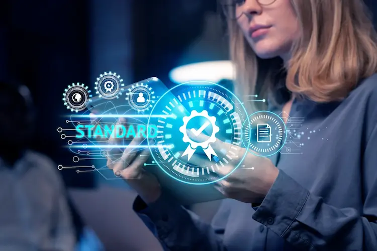 A-woman-holding-a-tablet-for-a-standard-CompTIA-Project-Certification