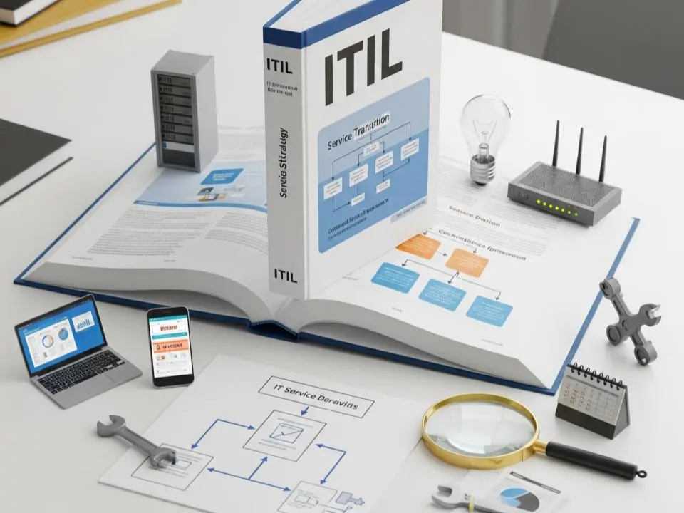 ITIL v4 service transition with a book, router and a wrench on top of the table