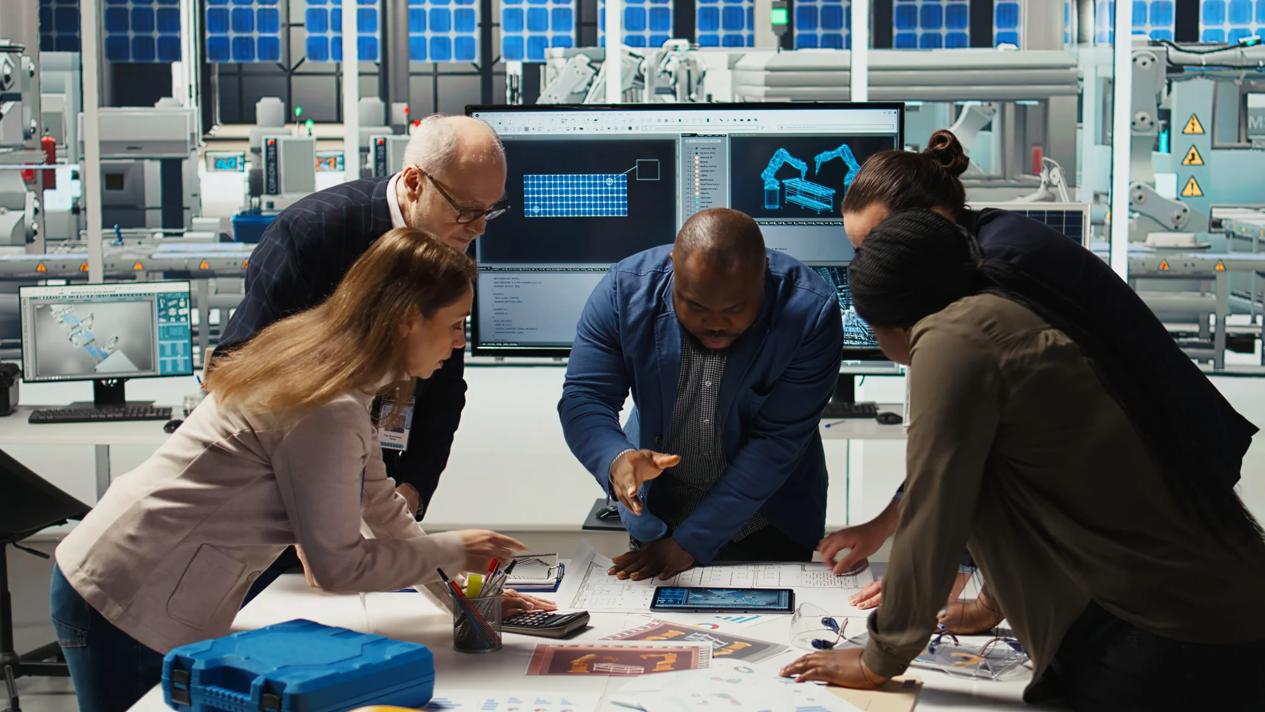 engineers refining production layouts using tablet for IT project management