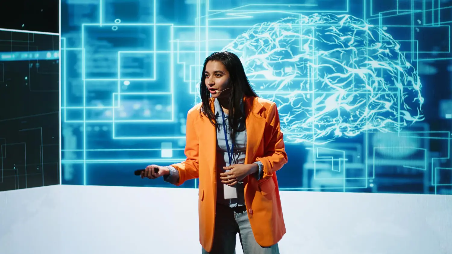 A woman discussing about AI consulting in Everett