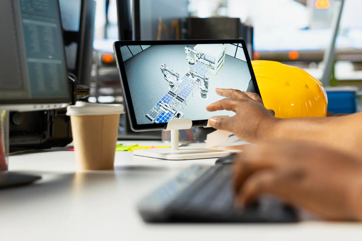 A cup of coffee on top of table with a tablet for HVAC IT support