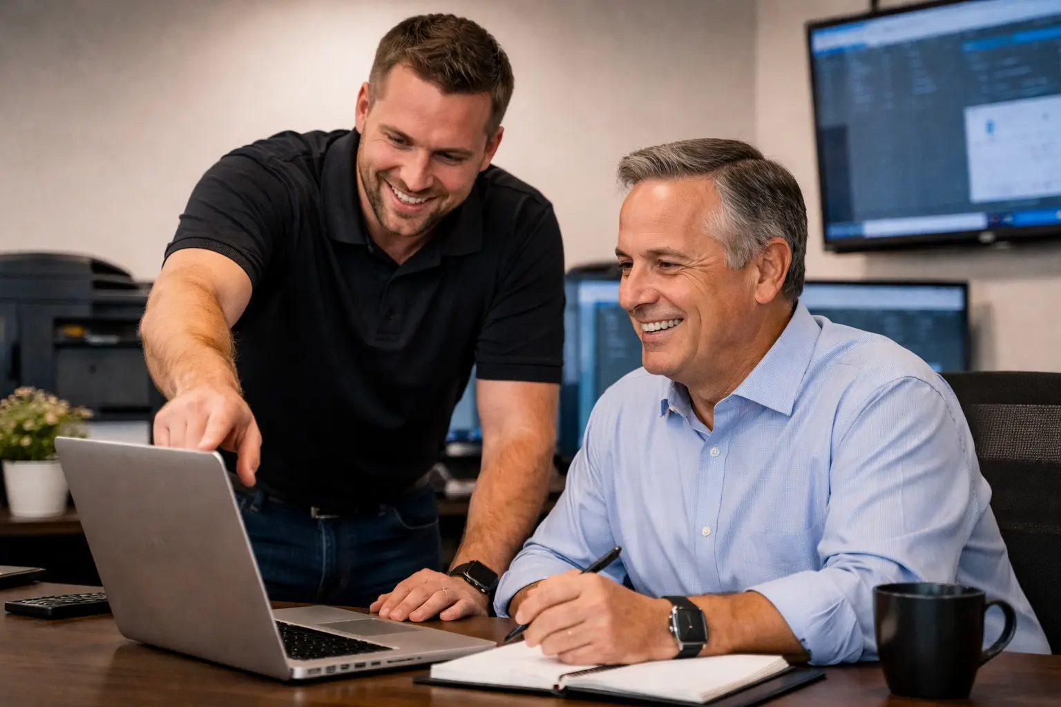 Business IT company helping a business owner